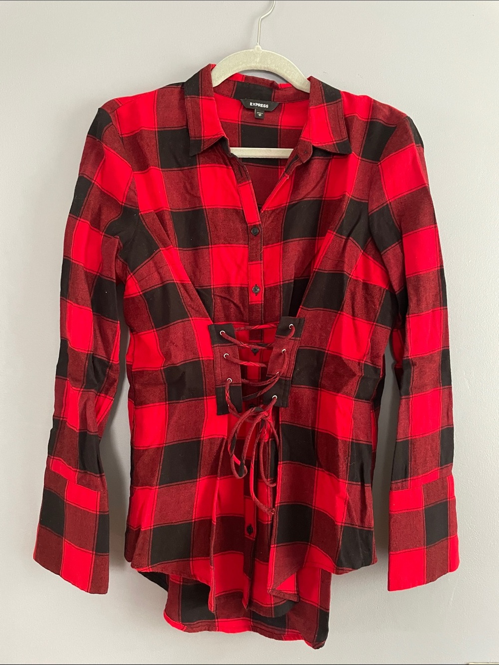 Express Red and Black Plaid Lace-Up Button Down Shirt
